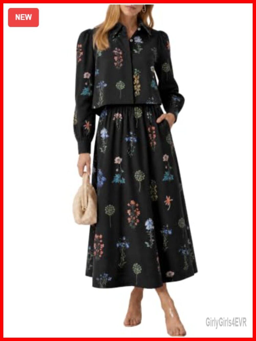 Womens 2 Piece Floral Cropped Blouse & Maxi Skirt Matching Set Puff Sleeve